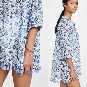 Roller Rabbit Serafina Tunic Coverup Blue Floral Tassels Cotton XS - FLAWS